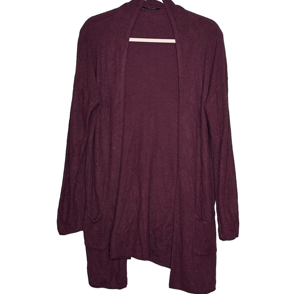 T Tahari Burgundy Open Ribbed Knit Cardigan Pockets Longline Large Minimalist